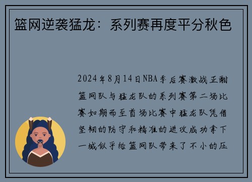 篮网逆袭猛龙：系列赛再度平分秋色